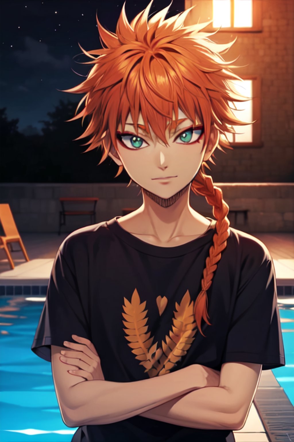 masterpiece, best quality, high quality, 1boy, solo, male focus, looking at viewer, upper body, boxers_(clothing), leopold_vermillion, green eyes, orange hair, braid, night, pool, shirtless, dark_background