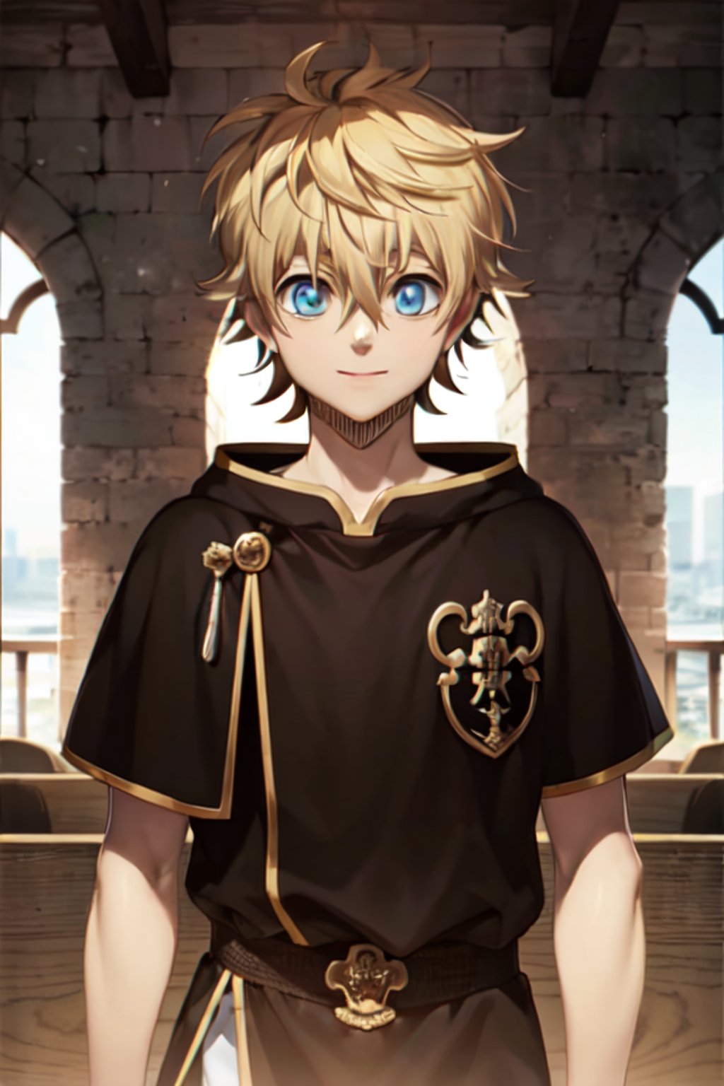 masterpiece, best quality, high quality, 1boy, solo, male focus, looking at viewer, luck_voltia, blonde hair, blue eyes, hair between eyes, viking_clothes