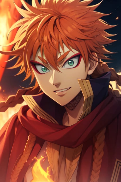 masterpiece, best quality, high quality, 1boy, solo, male focus, looking at viewer, gladiator, fire_fists, leopold_vermillion, green eyes, orange hair, braid, midnight