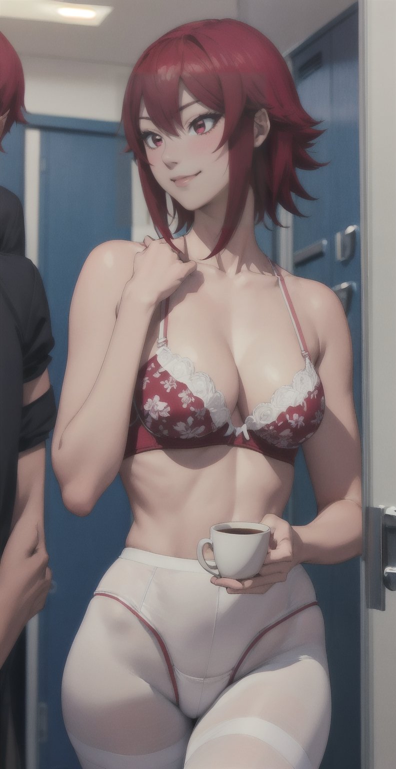 masterpiece, best quality, better_hands, hands, incredibly absurdres, highres, high detail eyes, high detail background, 1girl, female focus, tomo, white floral bra, full cup bra, on lockeroom, pantyhose, smile, blushed, at school, scenary, curvy, slim waist, thicc thighs, standing, red eyes, beautiful eyes, red hair, ,artgerm