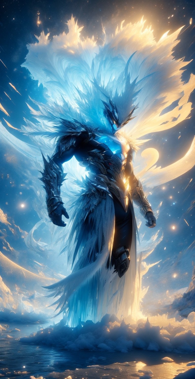 Ice theme, 1man, solo, very muscular body, blue starry eyes, long spiky hair, white hair, angry, powerful appearance, magical surrealism, thick double layer armored blue metal golden robe, warframe, astral chain, ice_wings, standing on icy lake, Gorgeous, ethereal aura, ray tracing, sidelighting, detailed face, bright skin, dreamlike atmosphere, starry nebula background, Sharp glossy focus, equirectangular 360, Highres 8k, extreme detailed, aesthetic, masterpiece, best quality, rich texture, kinetic move effect, colorful,Movie Still,r1ge,IceElementCh,ice_sculpture,ic34rmor,DonMGl4c14l,DonMSn0wM4g1c