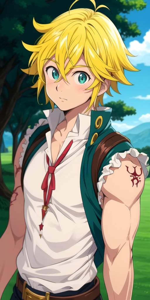 masterpiece, best quality, ultra-detailed, illustration, 1boy, solo, male focus, looking at viewer, upper body, depth of field,meliodas_nanatsu_no_taizai