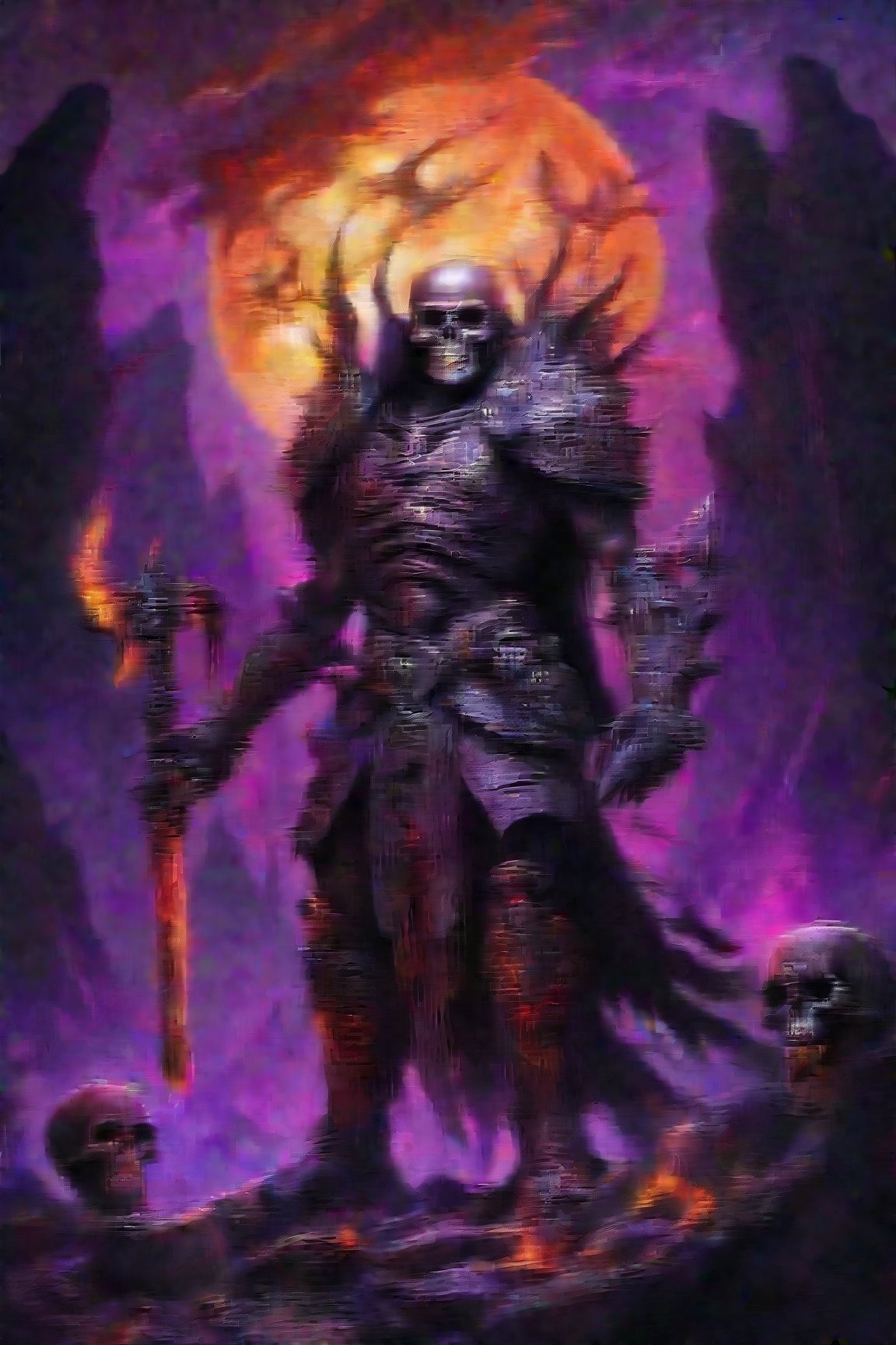 (masterpiece, best quality, highres:1.3), ultra resolution image, evil warrior with a skull head, flames, bone armour,  standing in moonlit Westland, (necropolis:1.5), ohterworldly energy, purplish  wisps, undead warrior, (mystic tranquility:1.3), realm of the decease,dripping paint