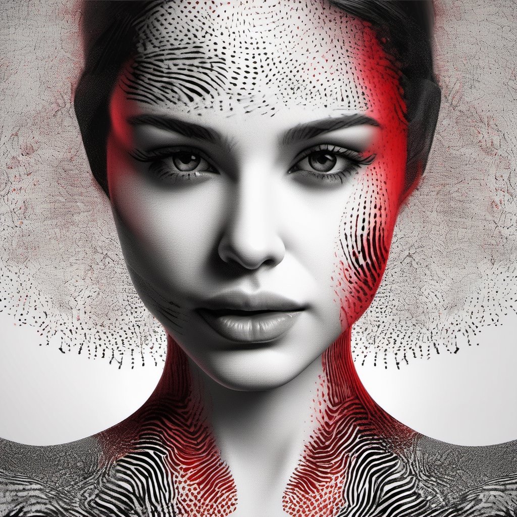 Fingerprints art,  Ink , [red : white : black ]  , delicate fingerprints patterns creating a beautiful female  face , centered, 16k resolution , HQ , fine  detailed, insanely detailed, hyper realistic, trending on cgsociet