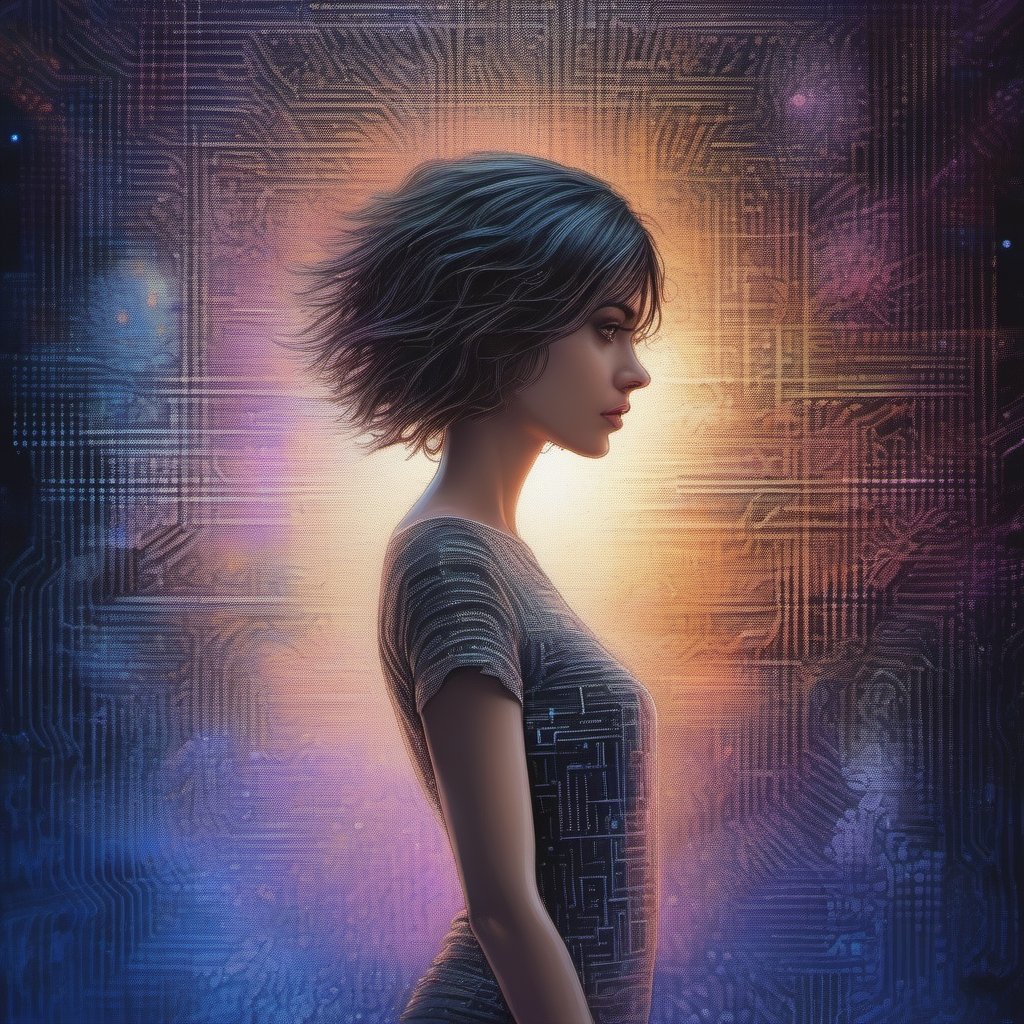 an extremely beautiful woman standing in a numeric data matrix , short hair , big eyes, T shirt, flying binary numbers , Psychedelic art by Dan Mumford and Callie Fink, Datamoshing , Vaporware, bioluminiscent, liquid ink, alcohol ink wash, by SIYA OUM, GIGER, dynamic pose, centered, 16k resolution , HQ , hyper detailed, intricate artwork, centered,  perspective ,16k, insanely detailed and intricate, hyper realistic, trending on cgsociet, 