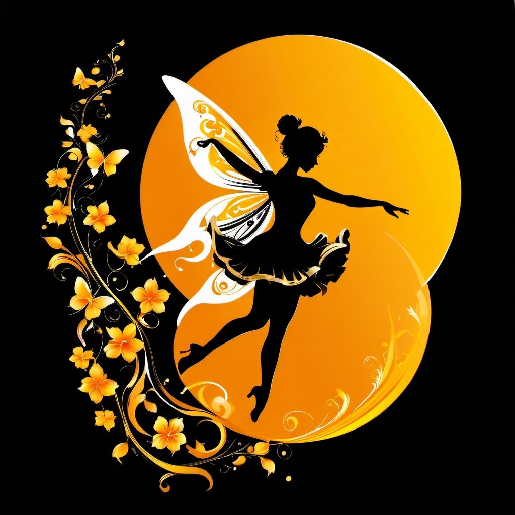 vector Silhouette illustration art, a pixie fairy dancing in air,  liquid ink, [white : yellow: orange : black] , calligraphic, arabesque, modern Minimalist painting, 2D,  glossy, intricate, highly detailed, high contrast, vibrant , 32K,  centered, bright, clear, sharp, ethereal, ultra hd, Sparkling, denoise,  pixabay , digital illustration, rococo, feminin