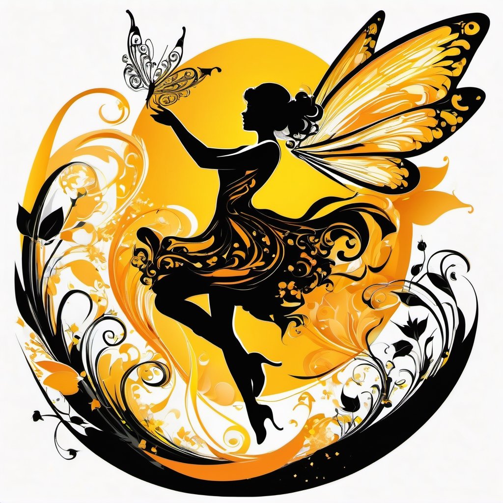 vector Silhouette illustration art, a pixie fairy zipping  through air,  liquid ink, [white : yellow: orange : black] , calligraphic, arabesque, modern Minimalist painting, 2D,  glossy, highly detailed, high contrast, vibrant , 32K,  centered, bright, clear, sharp, ethereal, ultra hd, Sparkling, denoise, digital art by Jan Tengnagel, pixabay contest winner, neo-romanticism, digital illustration, rococo, feminin,Leonardo Style