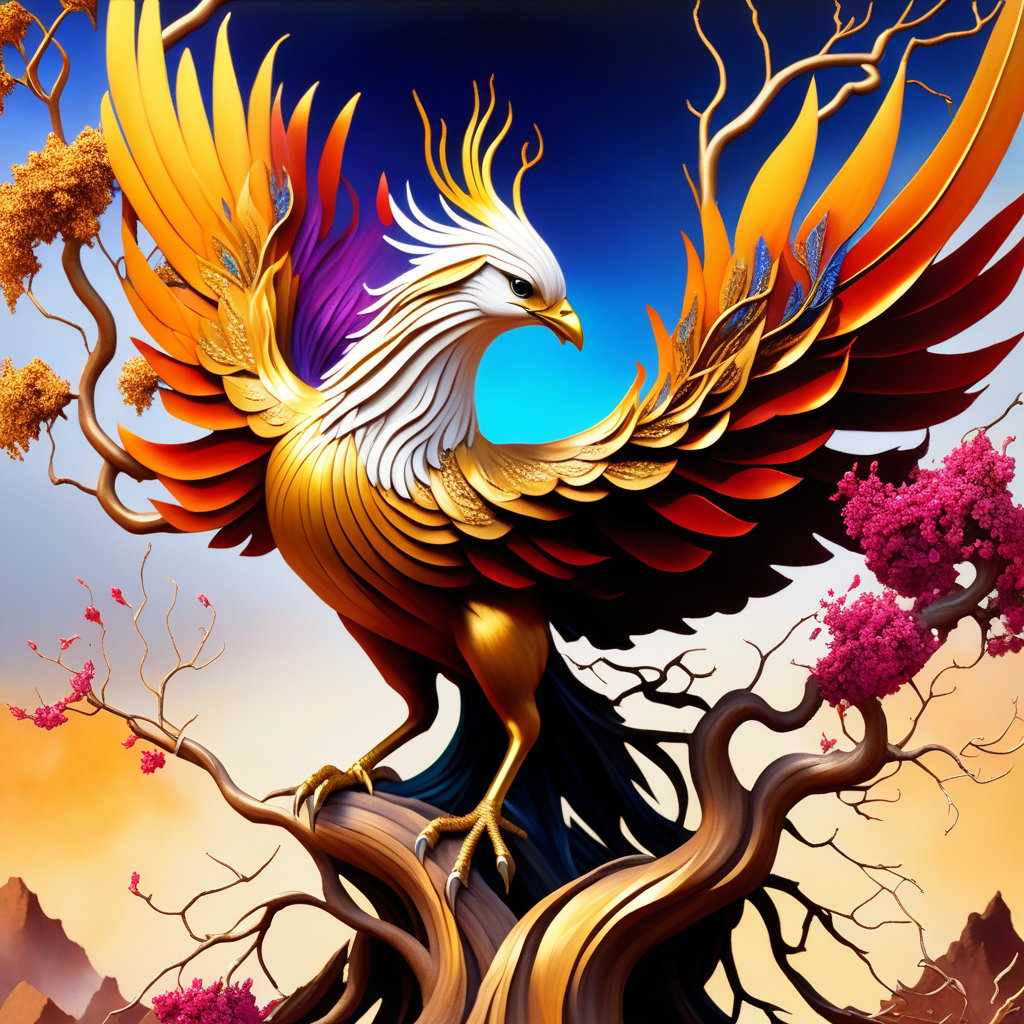 Hyper realistic portrayal of rebirth from ashes, a gold feathered phoenix emerges in full detail from ashes stirring ancient dust, gnarly vines enwind  leafless limbs of barren tree gradually taking form and blossoming into vibrant colors signifying flourishing renewal signifying fresh start after destruction.  