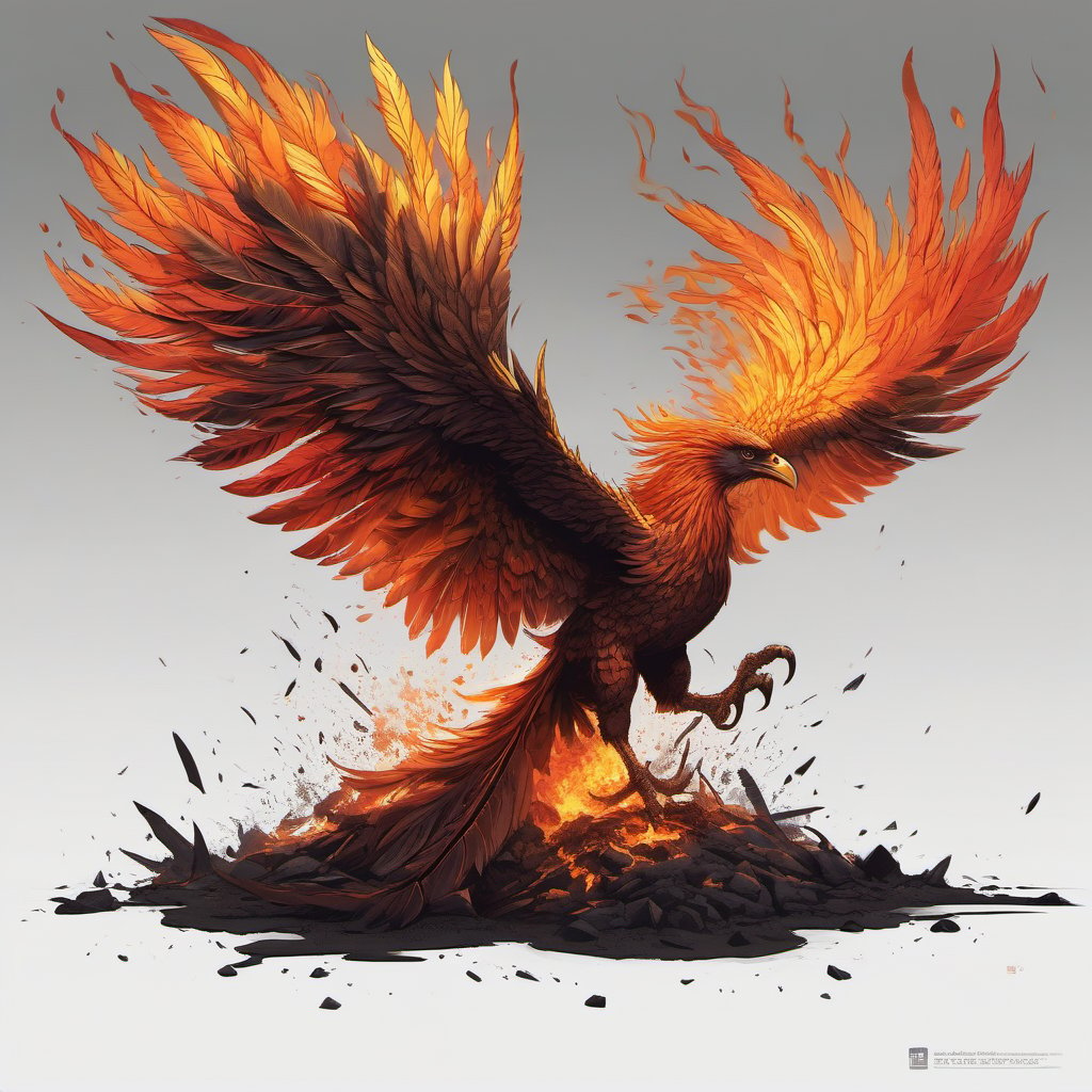 a fiery feathered phoenix emerges from scorched earth ,  breaking the ground, centered, perfect anatomy, 16K, highly detailed, intricate detailed, smooth, sharp focused, elegant, illustration, character sheet, perspective, vibrant high contrast , artstation