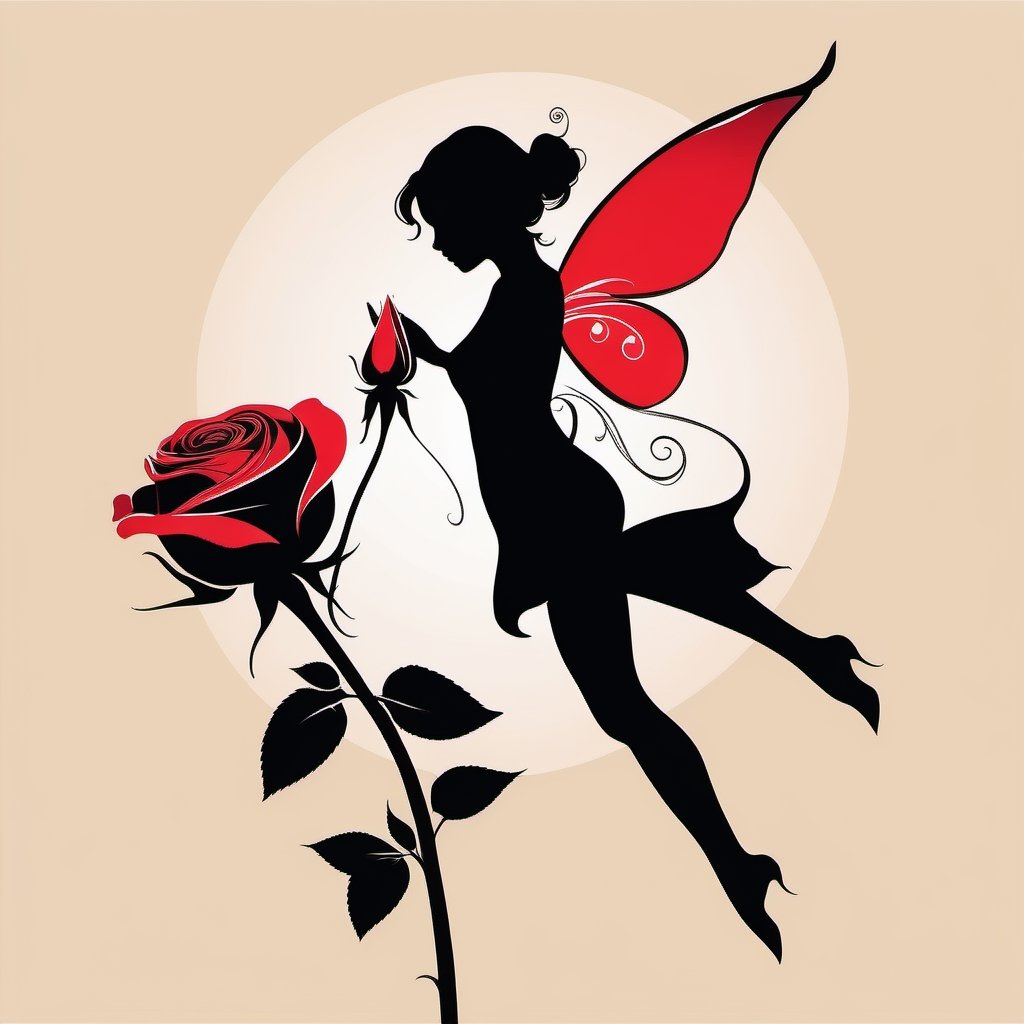 Minimalist, 2D illustration, vector Silhouette art style painting , a pixie fairy sprouting from a rose bud, ink, calligraphic, glossy, highly detailed, high contrast, vibrant , 32K,  centered, bright, clear, sharp, ethereal, feminin