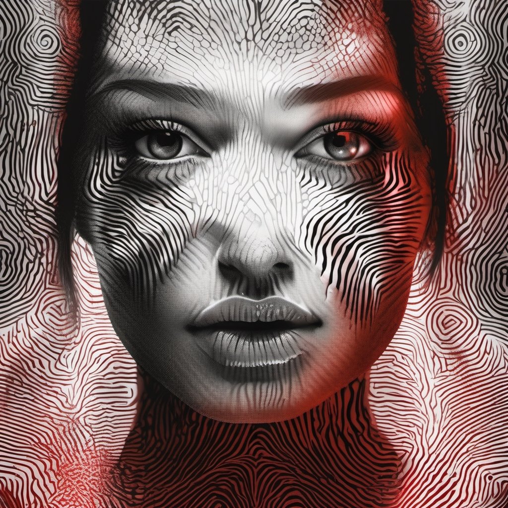 Fingerprints art,  Ink , [red : white : black ]  , delicate fingerprints patterns creating a beautiful female  face , centered, 16k resolution , HQ , fine  detailed, insanely detailed, hyper realistic, trending on cgsociet