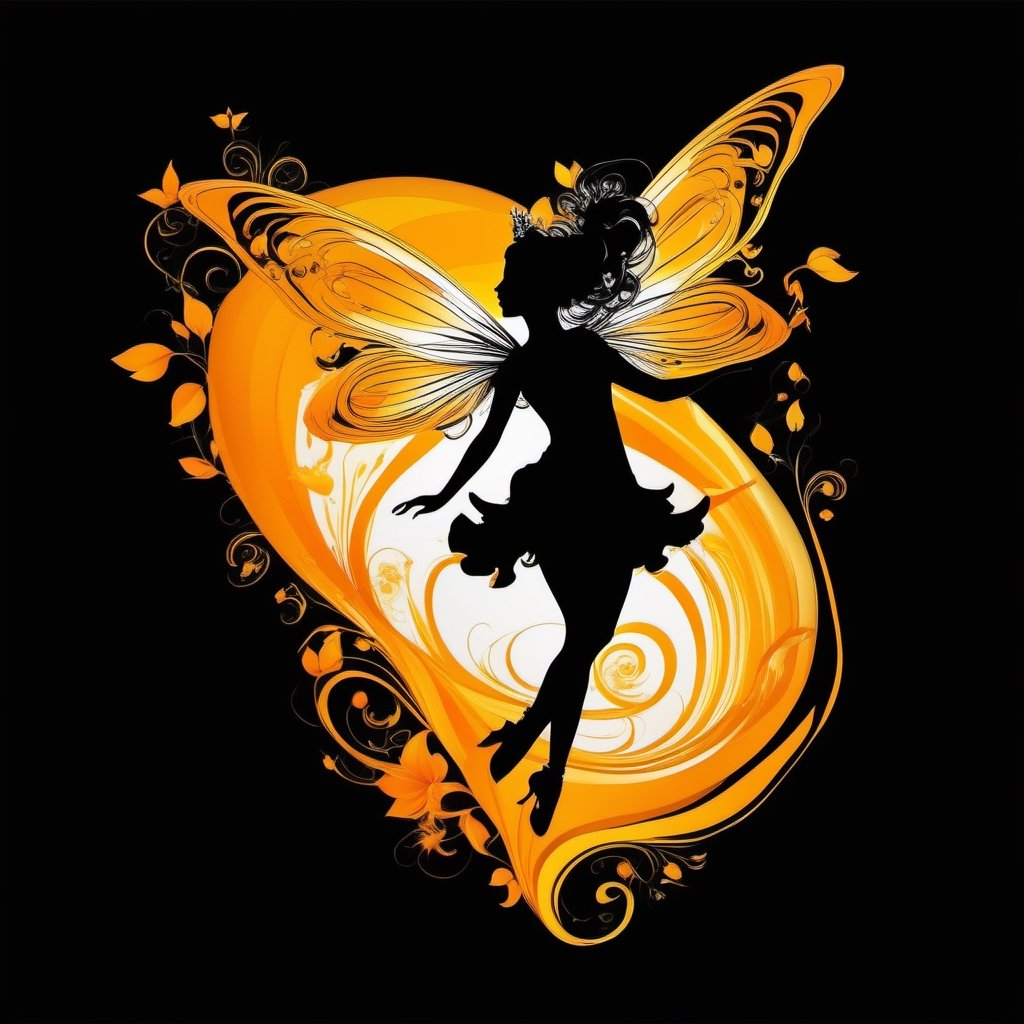 vector Silhouette illustration art, a pixie fairy dancing in air,  liquid ink, [white : yellow: orange ] , calligraphic, arabesque, modern Minimalist painting, 2D,  glossy, intricate, highly detailed, high contrast, vibrant , 32K,  centered, bright, clear, sharp, ethereal, ultra hd, Sparkling, denoise,  pixabay , digital illustration, rococo, feminin