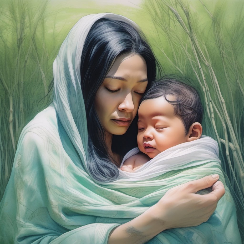 Close up half body portrait of a loving mother sitting peacefully beneath an old Willow tree, cradling her newborn babe, a white scarf is covering her head , open eyes , black hair, as a warm spring breeze blows through the fresh green grass of a vast meadow blanketed by an eternal blue sky, muted pastel colors palette, by  Callie Fink, SIYA OUM, GIGER, Datamoshing , Vaporware, ink wash painting, aesthetic , centered, 16k, HQ, perspective ,insanely detailed and intricate, hyper realistic, cgsociet, dynamic pose