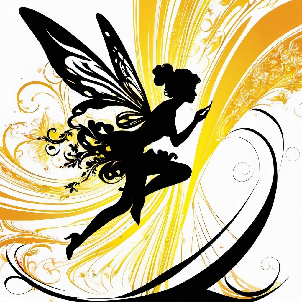 vector Silhouette illustration art, a pixie fairy flashing through air,  liquid ink, calligraphic, modern Minimalist painting, 2D,  glossy, highly detailed, high contrast, vibrant , 32K,  centered, bright, clear, sharp, ethereal, ultra hd, Sparkling, denoise, digital art by Jan Tengnagel, pixabay contest winner, neo-romanticism, digital illustration, rococo, feminin