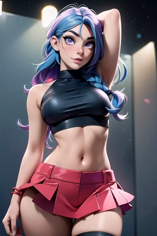 (hyperealistic detailed face:1.2), (looking at viewer:1.2), (frontal view), centered, upper body, award winning frontal photography, masterpiece, | (arms behind back), (beautiful detailed eyes:1.2), braided hairstyle, (blue hair color), (light purple eyes), (red tube top), midriff, navel, lowleg jeans, | sunset, bokeh, depth of field, | urban, street, City, | starry sky, vaporwave color scheme, (saturated colors:1.2), ,3DMM