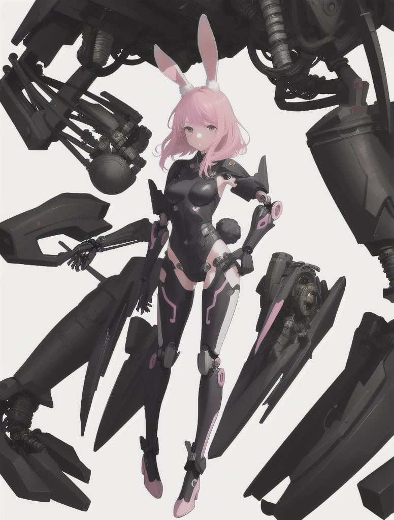 best quality,masterpiece,illustration,1girl,solo,full body,Rabbit ear,White background,Mechanical,Mechanical body,Pink hair,