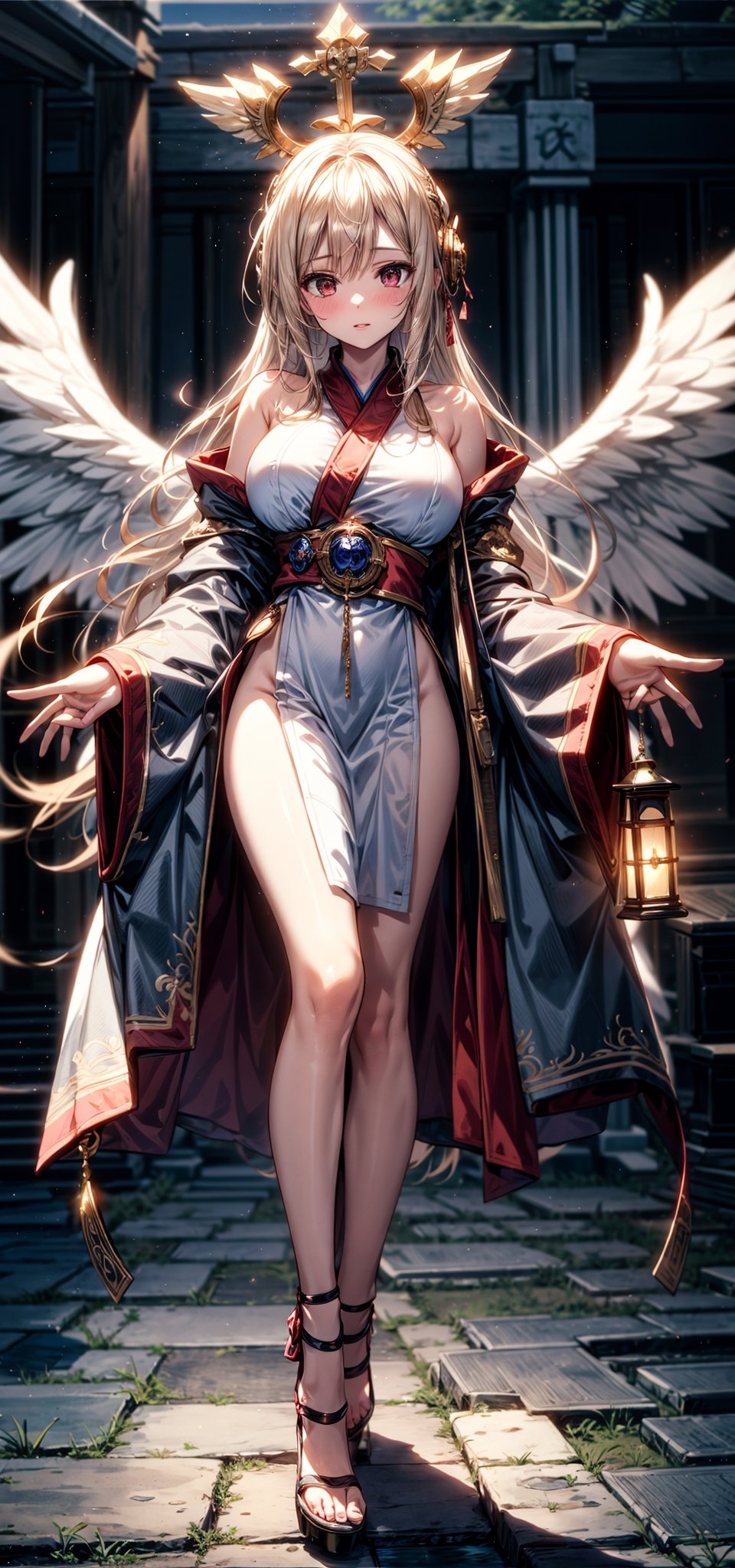 beautiful blonde Goddess decending from heaven, wings wide spread, holy aura, (naked), beautiful breast half shown, full body shot, , natural face expressions, face in detail, asymmetrical faced, detailed hands, detailed fingers, masterpiece, cinematic lighting, physically based rendering, lens flare, award winning rendering, perfect rendering detail, 8K, realism, detailed background, everything in detail, ,perfecteyes,High detailed ,midjourney,fantasy00d,FFIXBG
