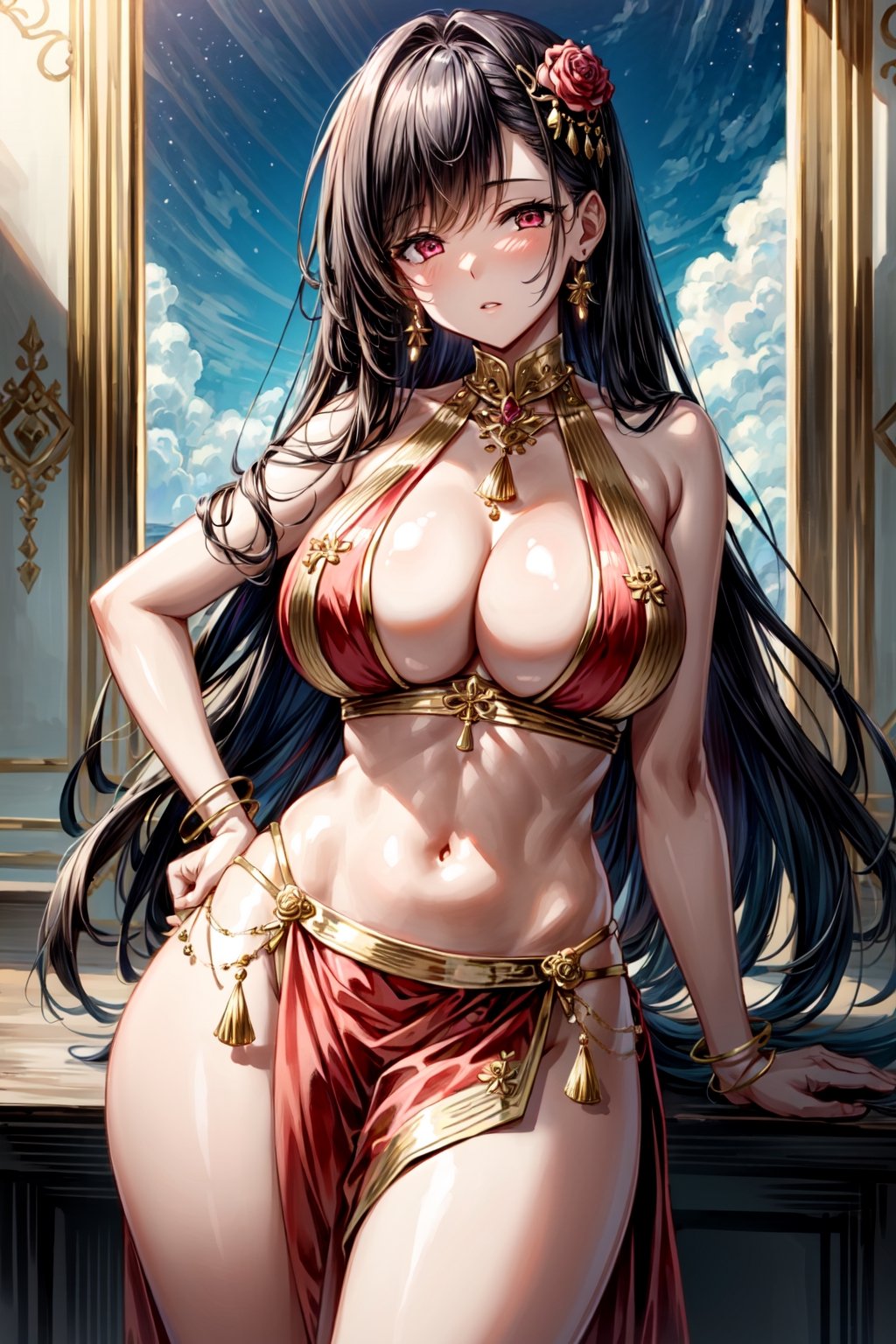 long pink hair, bangs, gold decorations on head, gold earrings, red eyes, ((light tanned skin)), ((pink Indian saree)), big breasts, cleavage, half-closed eyes, big lips, ((wide hips, round hips)), golden bracelets, goddess, gold necklace, beautiful detailed eyes, beautiful detailed face, beautiful detailed hair, (pink trees background), (red roses in background), heavenly sky in background, (((masterpiece, best quality))), extremely detailed cg unity 8k wallpaper, high-quality, ultra-detailed, depth of field, illustration, beautiful detailed wallpaper