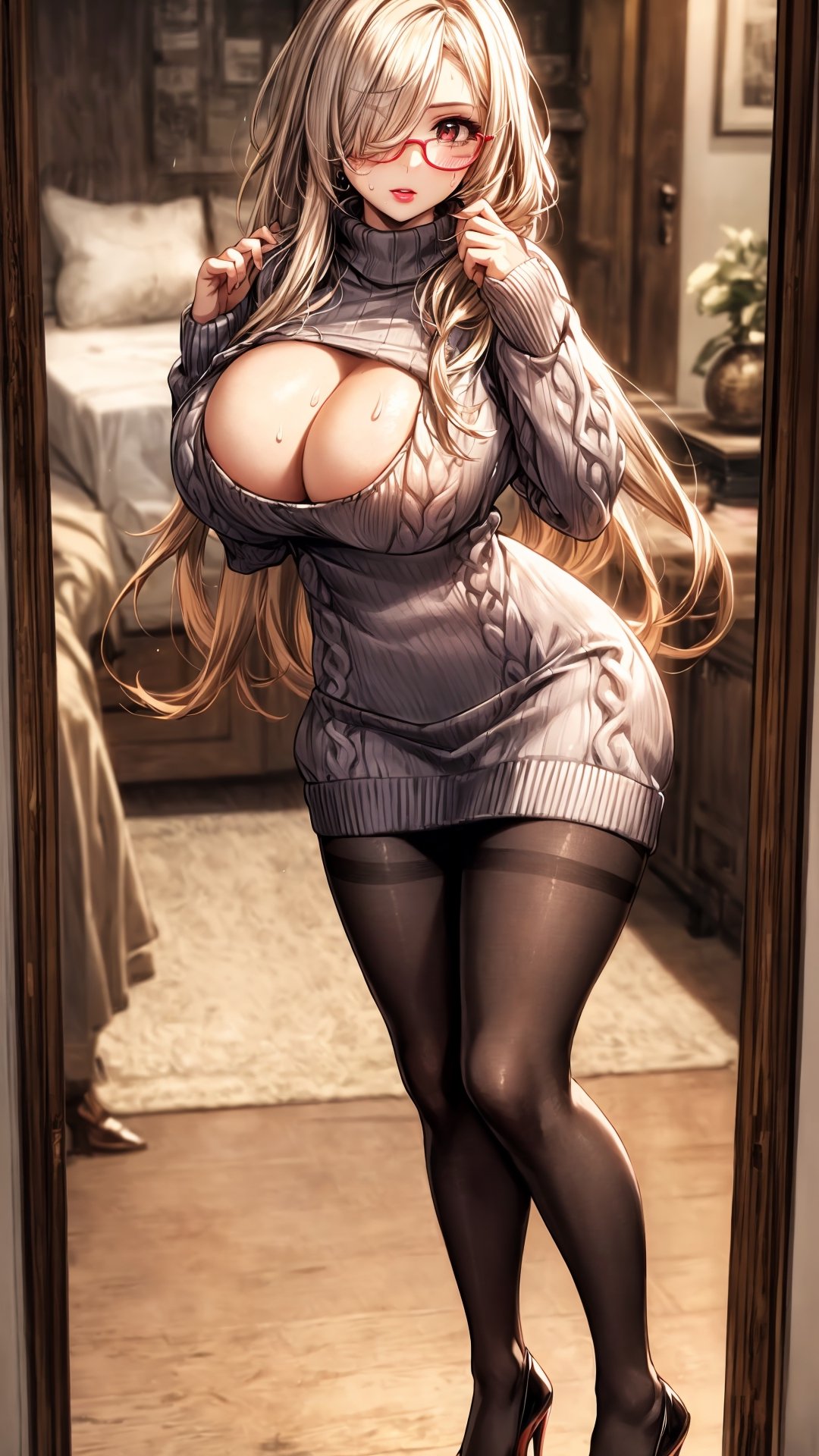 illustration, masterpiece, best quality, extremely detailed, big boobs, slim body, slim waist, seductive face, ((hiar over one eye)), lipstick, ligh makeup, high_heels, (((sweaterdress))), ((pantyhose)), (very_long_hair), glasses