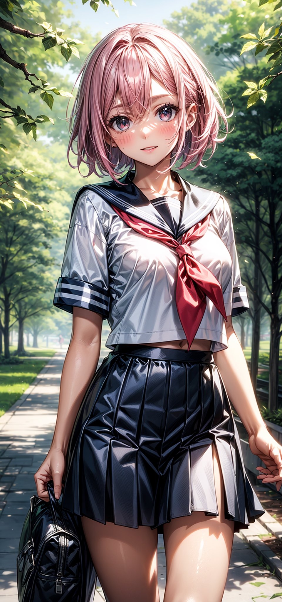She has short hair, eye-covering bangs, pink hair, a round face, and is dressed in a sailor uniform, with a white top and a blue skirt, exuding youthful energy. She might be standing in a sunny school campus, surrounded by trees and campus buildings. Her expression is innocent and joyful, as if she's a spirited student, ready to face new challenges and friendships. Her sailor outfit represents carefree youthful days.