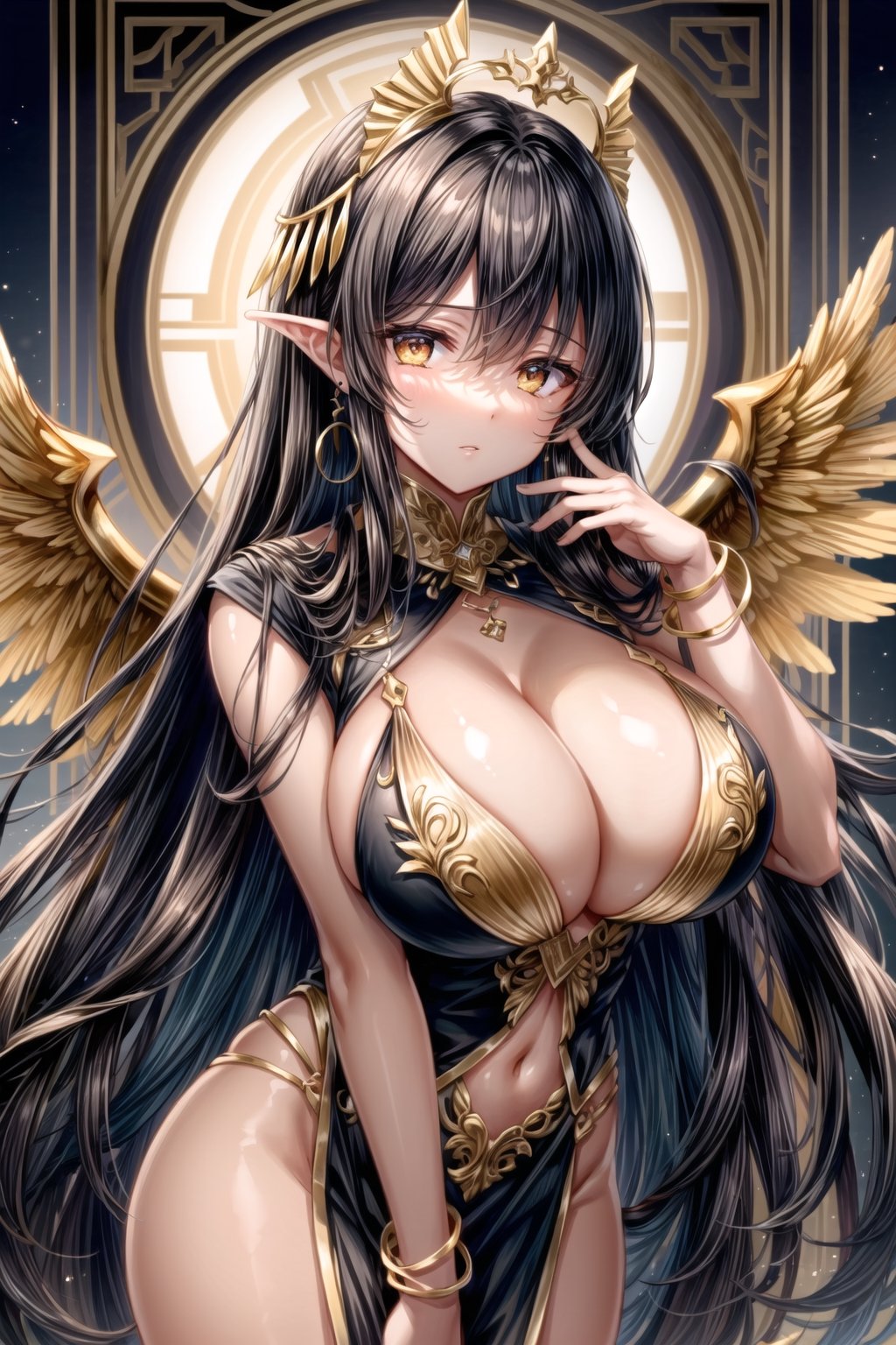 long black hair, curly hair, gold earrings, gold bracelets, gold decorations on head, yellow eyes, big lips, gold makeup, ((dark tanned skin)), ((large golden wings)), big breasts, cleavage, ((sumerian goddess outfit)), big breasts, cleavage, big lips, half-closed eyes, beautiful detailed eyes, beautiful detailed face, beautiful detailed hair, trees in background, masterpiece, best quality, extremely detailed cg unity 8k wallpaper, high-quality, ultra-detailed, depth of field, illustration, beautiful detailed wallpaper 