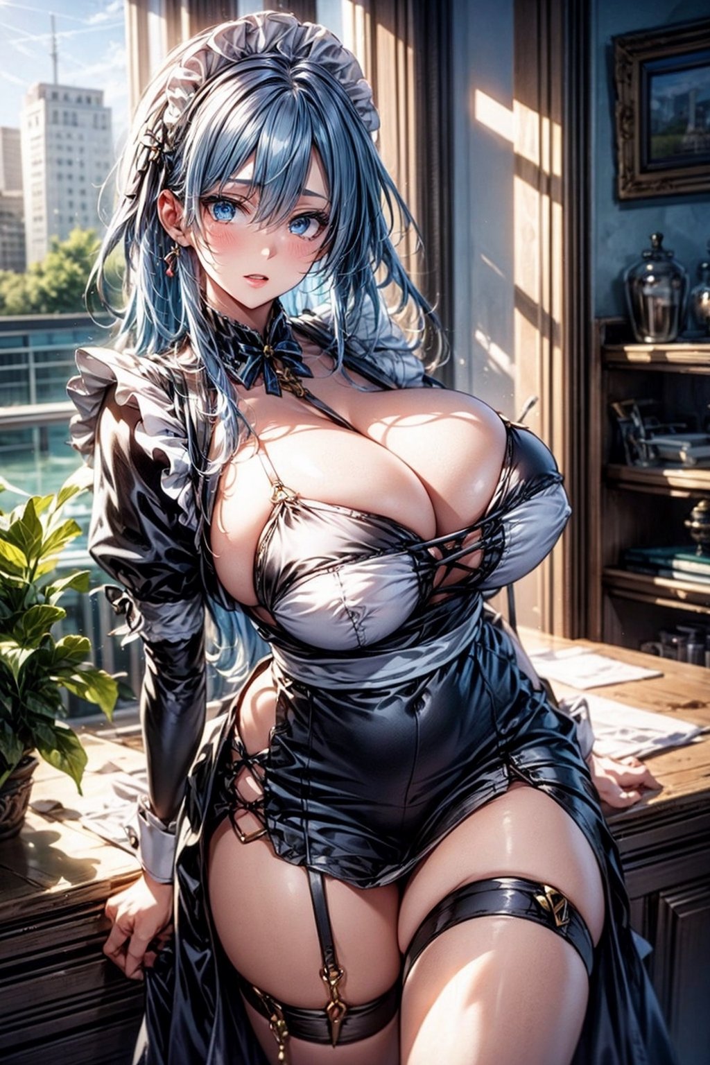 photorealistic, masterpiece, photorealistic, high resolution, soft light, hips up, maid costume,woman,girl,blue eyes,blue hair,maid cosplay, huge_breast,maid, maid dress