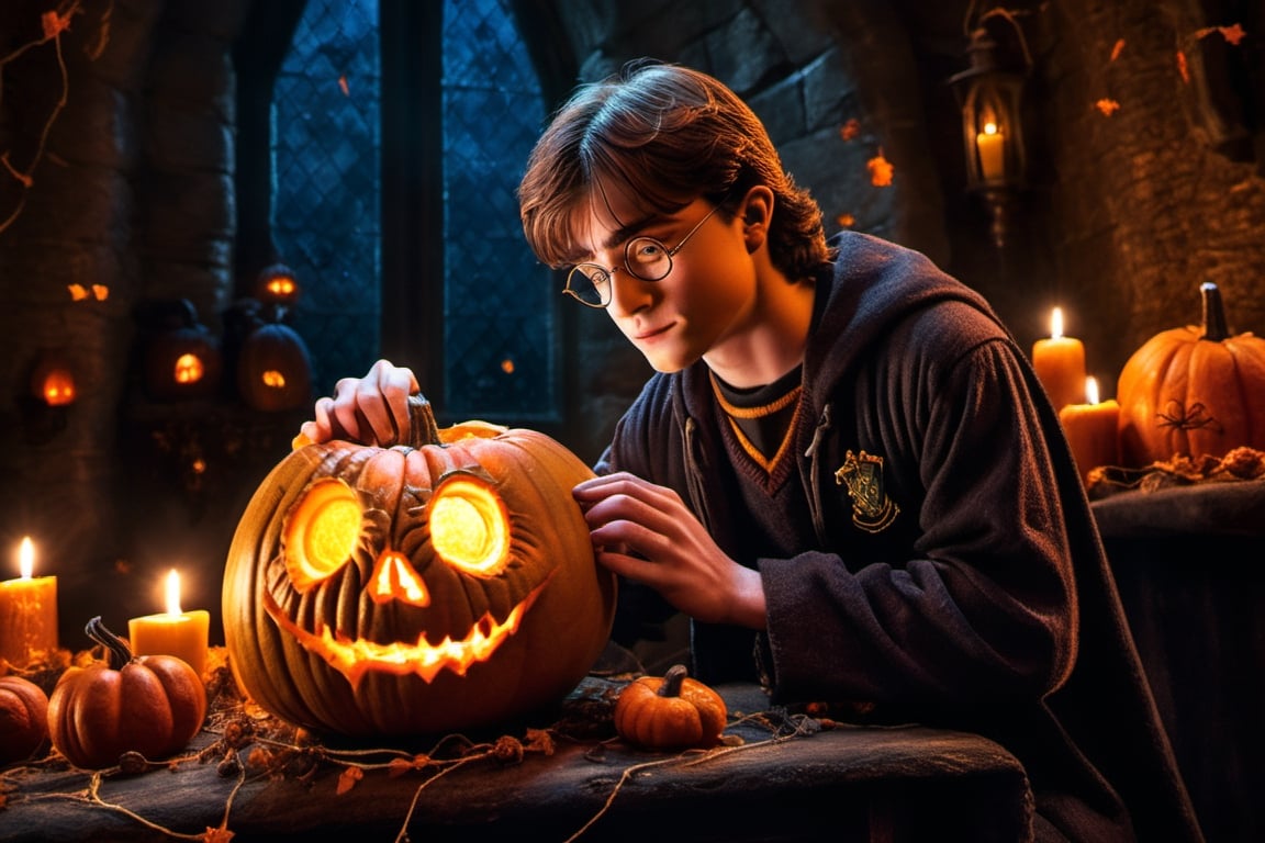 harry potter and his pet spiders carving a glowing pumpkin, ((small neon spiders)), in a dark medieval castle, dimly lit, candlelight, moody, at night, depth of field, dark theme, night, soothing tones, muted colors, high contrast, hyperrealism, soft light