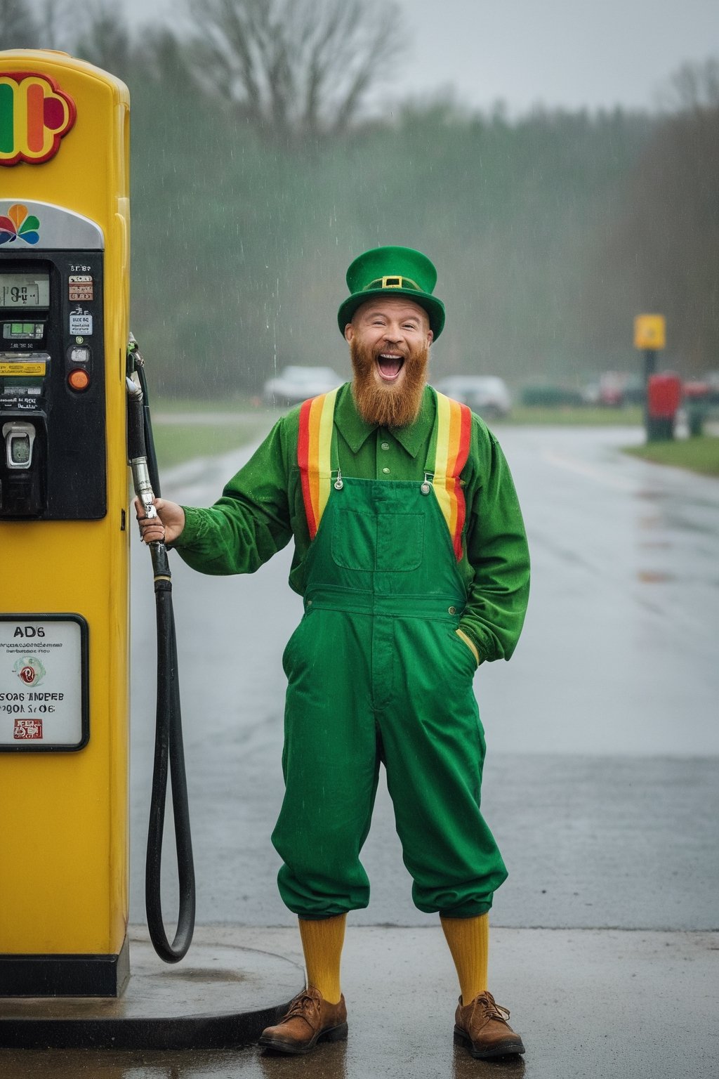an ecstatic leprechaun is pouring a rainbow from a gas pump at a gas station in the rain. dressed in green overalls with four leaf clover stitching. warm and serene presence. perfect happy eyes, perfect anatomy, artistic composition, best quality, (((masterpiece))), high quality, best details, realistic skin texture, Sony A7R IV, Sony FE 50mm f/1.2 GM, warm natural light