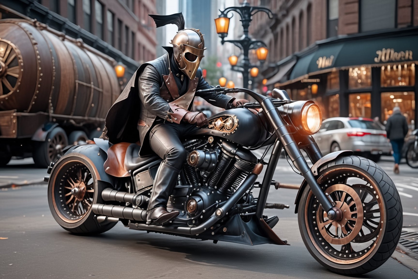 (((headless horseman))) riding a steampunk vehicle on the streets of NYC ((at night)), motorcycle, best quality, highres, ultra high resolution, masterpiece, realistic, lifestyle photography, detailed photo, 8K wallpaper, intricate details, film grain, soft shadows, natural lighting, detailed background, steampunk style,Walz