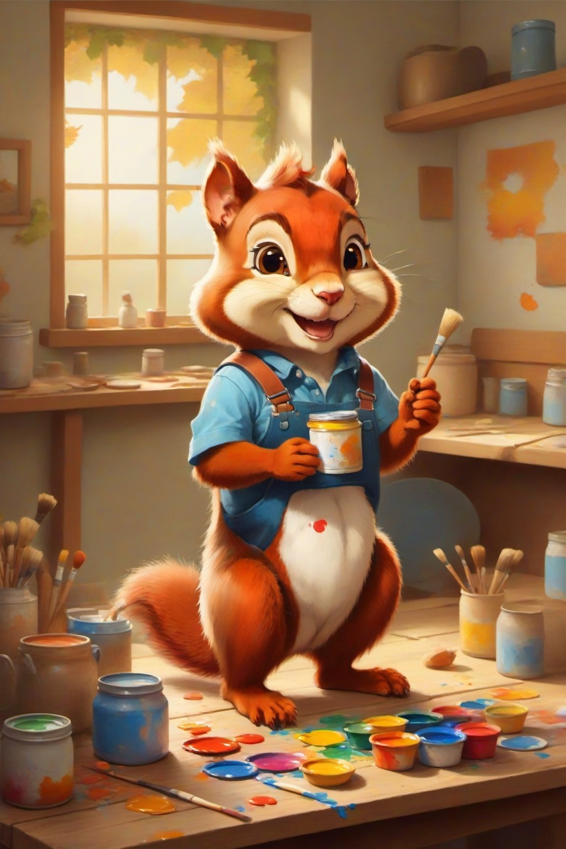 Illustration of a charming scene with a cute squirrel splashing paints all over the cosy art studio. capture the squirrel's effusive happiness, looking at the camera. a humorous and unexpected touch, creating a playful and entertaining visual narrative. illustration, cinematic lighting, oil painting,lofi,tshirt design