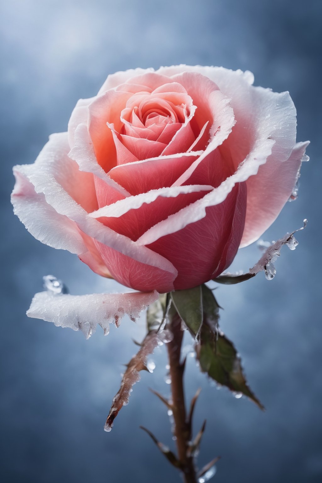 high speed photography, frozen in time, close up photo of a frozen rose the moment it's hit by a bullet and starts to shatter, partially shattered frozen rose, masterpiece, best quality, kirigami, shards
