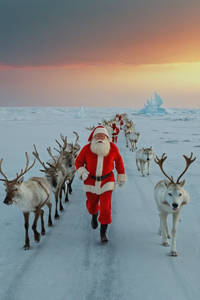 A fit and buff Santa Claus jogging through the beautiful icey and snowy North Pole nature at sunrise, followed by a group of animals including reindeer, polar foxes, polar bears and more, leading lines, artistic composition, masterpiece, 8k uhd, full spectrum infrared, in the style of kazimir malevich, in the style of esao andrews