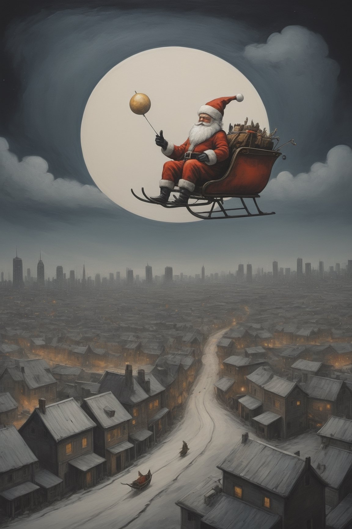 Santa Claus in his sleigh flying high above a city below him, at night, leading lines, artistic composition, masterpiece, 8k uhd, in the style of kazimir malevich, in the style of esao andrews,Comic Book-Style 2d