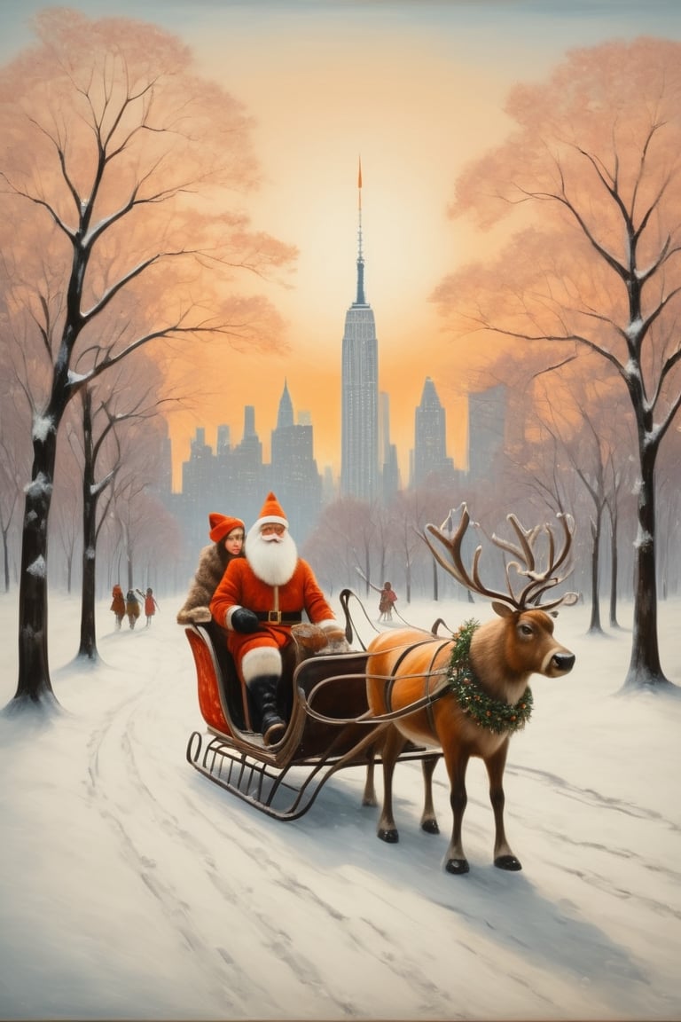 Santa Claus with his date on a romantic ride in his reindeer sleigh through Central Park in a snowy NYC. couple, Santa Claus with his girlfriend, romantic ride in the snow, sunrise, pastel warm colors, christmas, in the style of kazimir malevich, in the style of esao andrews, shards