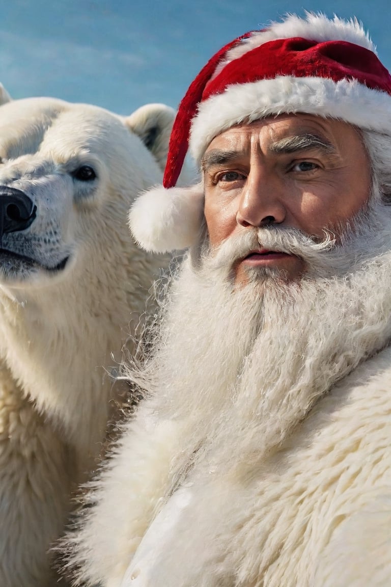 Santa Claus with a (skeptical and suspicious face expression:1.3) preparing for a selfie with a majestic polar bear, 8k UHD, raw photo, highly detailed, rich and warm color scheme, flowing hair, thick beard, artistic portrait, smooth, perfect composition, at sunrise, winter landscape background, cinematic  moviemaker style