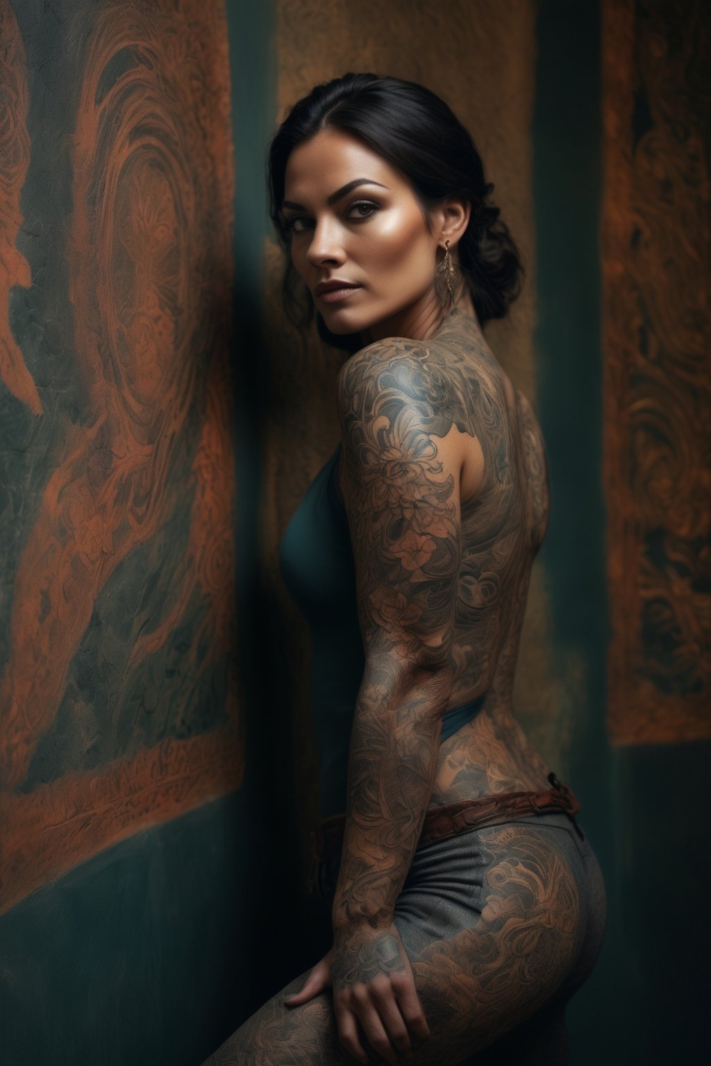 Photo of a woman in front of a wall. Her detailed tattoo appears to seamlessly continue onto the wall creating a fusion of art and environment. cinematic style