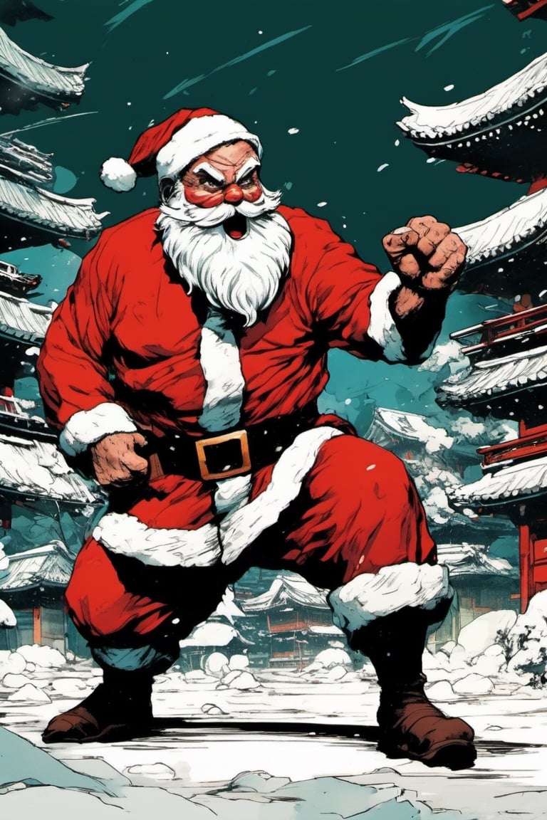 (cel-shading style:1.3), (tetradic colors), (ink lines:1.1), strong outlines, bold traces, flat colors, flat lights, gritty colors, a super determined Santa Claus in a fighting stance ready to execute a secret martial art technique to beat a group of masked gift thieves, japanese art