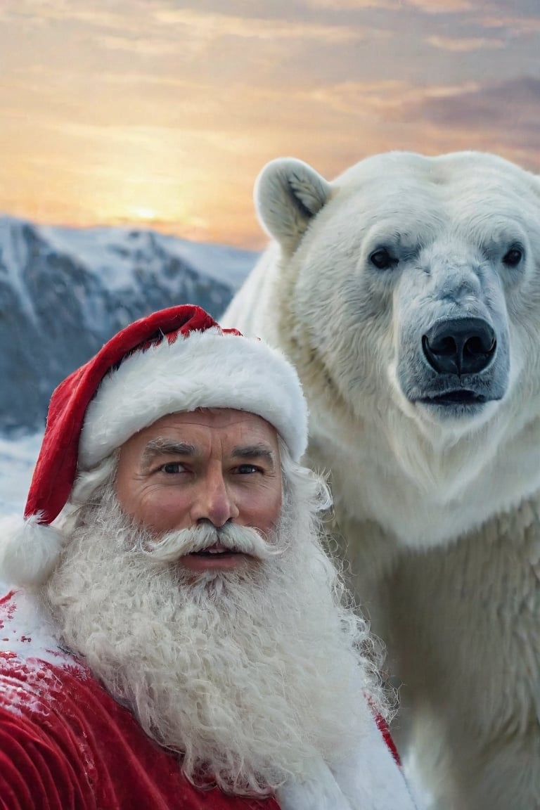 Santa Claus with a ((puzzled face expression:1.5)) preparing for a selfie with a majestic polar bear, 8k UHD, raw photo, highly detailed, rich and warm color scheme, flowing hair, thick beard, artistic portrait, smooth, perfect composition, at sunrise, winter landscape background, cinematic  moviemaker style