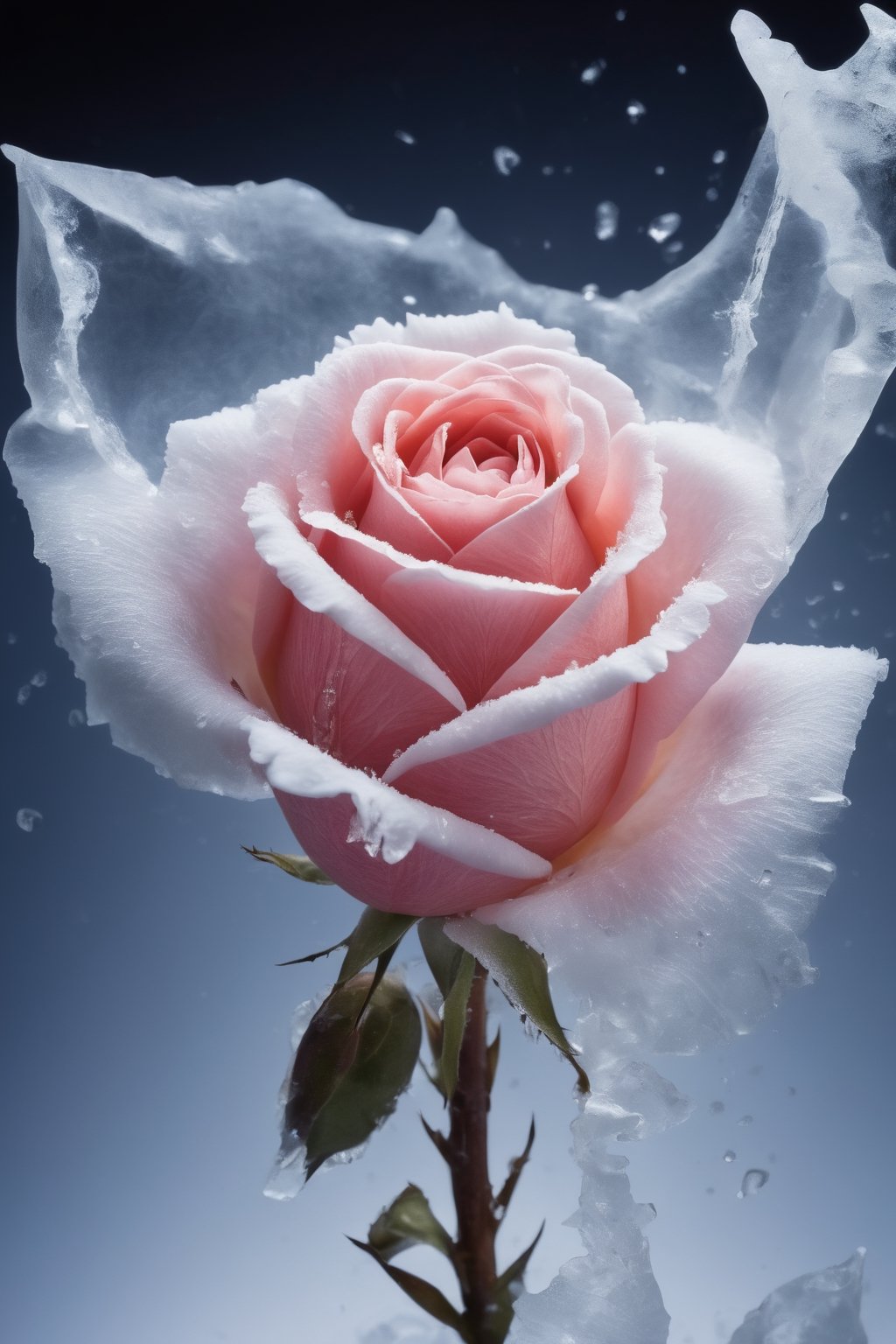 high speed photography, frozen in time, close up photo of a frozen rose the moment it's hit by a bullet and starts to shatter, partially shattered frozen rose, masterpiece, best quality, kirigami, shards