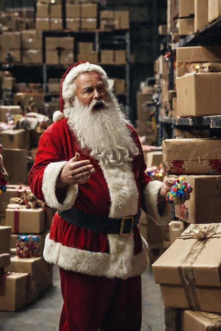 (Santa Claus inspecting toys and enraged after noticing that a lot of the toys he's about to deliver have missing or extra limbs), 8k UHD, raw photo, highly detailed, rich deep color scheme, flowing hair and beard, full body portrait, smooth, perfect composition, perfect body, in an industrial warehouse full of toys and Santa helpers preparing gift packages, cinematic  moviemaker style