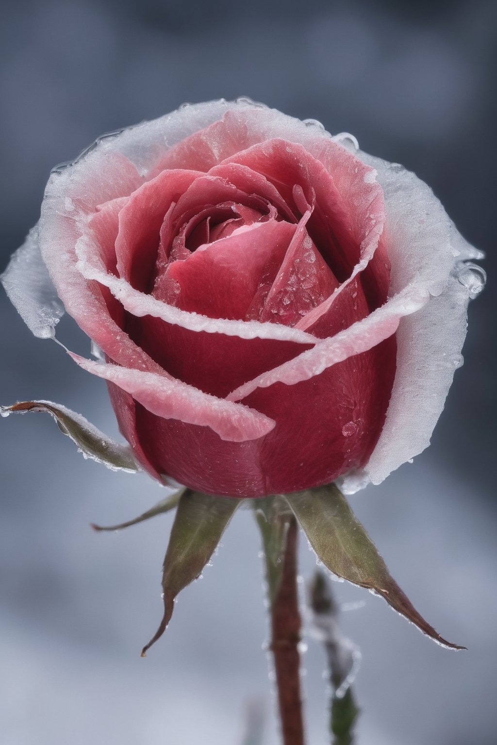 high speed photography, frozen in time, close up photo of a frozen rose the moment it's hit by a bullet and starts shattering, masterpiece, best quality