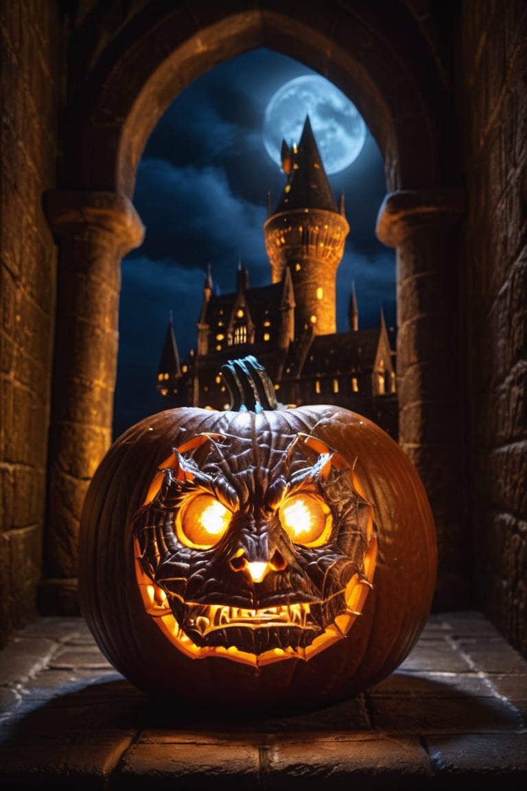 harry potter's face carved into a glowing pumpkin, spiders crawling out of the pumpkin, in a dark medieval castle, dimly lit, candlelight, moody, at night, depth of field, dark theme, night, soothing tones, muted colors, high contrast, hyperrealism, soft light, sharp)
