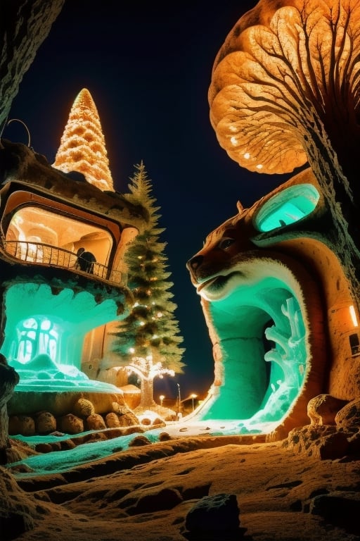 Santa‘s Caveman Style Home at the North Pole, a big reindeer ice sculpture is the center piece in the living room contrasted by warm pastel colored minimalistic Christmas lights following the contours of the walls, stylish and elegant yet cozy and inviting, Sony A7R IV, Sony FE 50mm f/1.2 GM, natural light, softbox, High detailed, DonMG414 