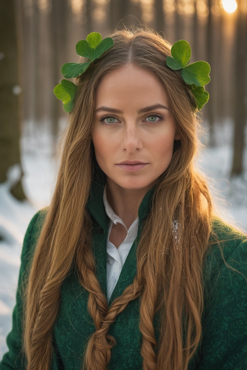 35 year old female leprechaun in a lush snowy forest at sunrise, long flowing braided hair, warmth, determination, poise, eyes glimmering with warm hues, clothes adorned with a geometric four leaf clover pattern, perfect eyes, perfect anatomy, artistic composition, masterpiece quality, high-detail, realistic skin texture, captured with Sony A7R IV, Sony FE 50mm f/1.2 GM lens, bathed in warm natural light, ultra-realistic