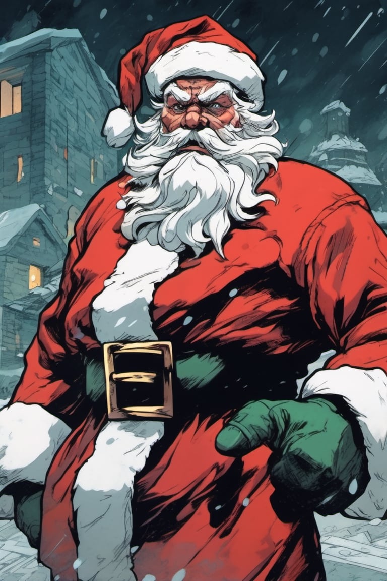 (cel-shading style:1.3), (tetradic colors), (ink lines:1.1), strong outlines, bold traces, flat colors, flat lights, gritty colors, a super determined Santa Claus in a fighting stance ready to execute a secret martial art technique to beat a group of masked gift thieves,cyber