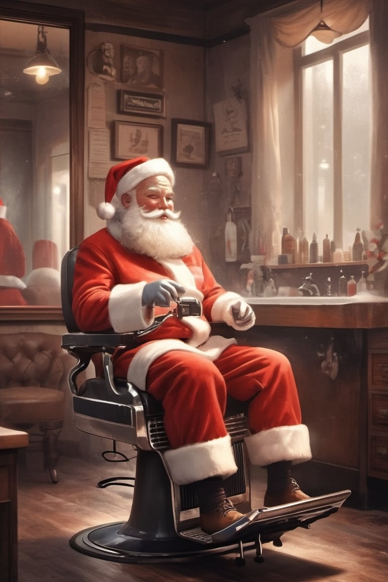 Santa in a classic barber shop getting his beard trimmed, artistic composition, masterpiece, shuicaixiaodian