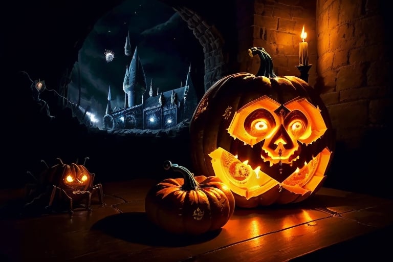 ((harry potter)) carving a glowing pumpkin, (((small spiders))) crawling out of the pumpkin, in a dark medieval castle, dimly lit, candlelight, moody, at night, depth of field, dark theme, night, soothing tones, muted colors, high contrast, hyperrealism, soft light,High detailed,ink