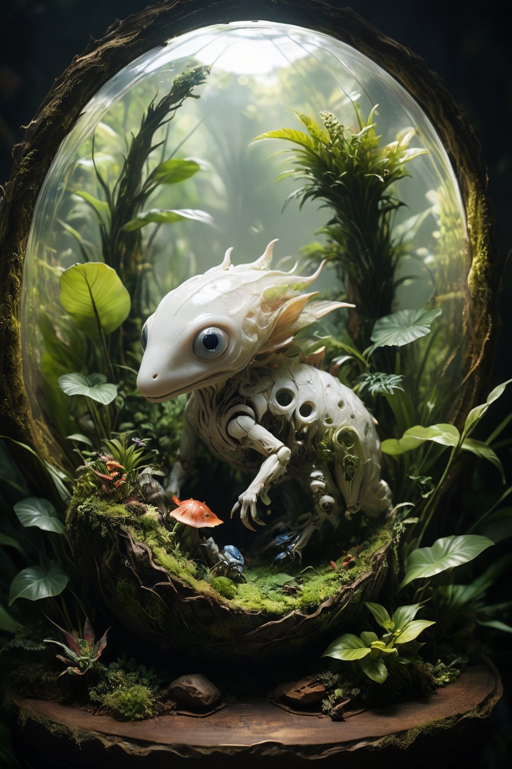 an intricate delicate porcelain sculpture placed inside a tropical lush terrarium with surreal alien like critters spanning the range between fantastical and realistic, robotic and organic, artistic composition, masterpiece quality, highly detailed, bathed in warm natural light of an early morning sun, (chiaroscuro), side light casting long shadows