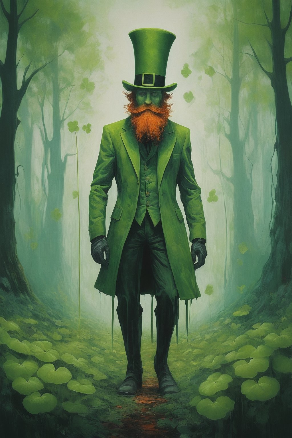 in a colorful surreal world a green leprechaun exploring a forest made of gigantic four leaf clovers, abstract minimalism, leading lines, artistic composition, masterpiece, 8k uhd, in the style of esao andrews, James Gilleard, dripping paint