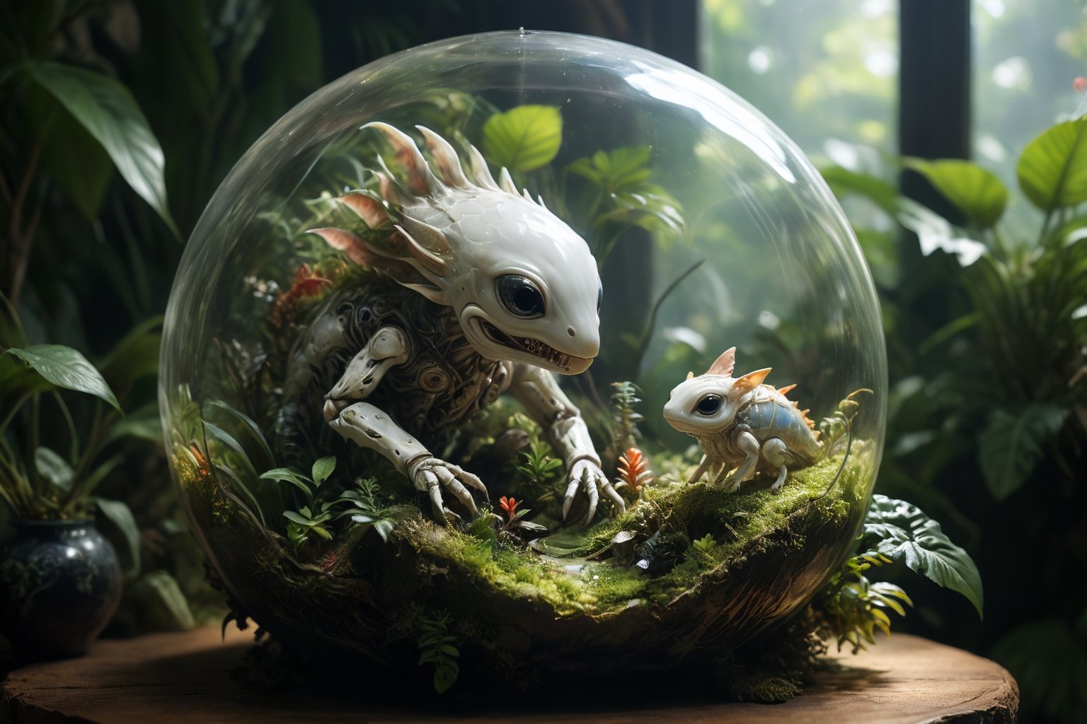 an intricate delicate porcelain sculpture placed inside a tropical lush terrarium with surreal alien like critters spanning the range between fantastical and realistic, robotic and organic, artistic composition, masterpiece quality, highly detailed, bathed in warm natural light of an early morning sun, (chiaroscuro), side light casting long shadows